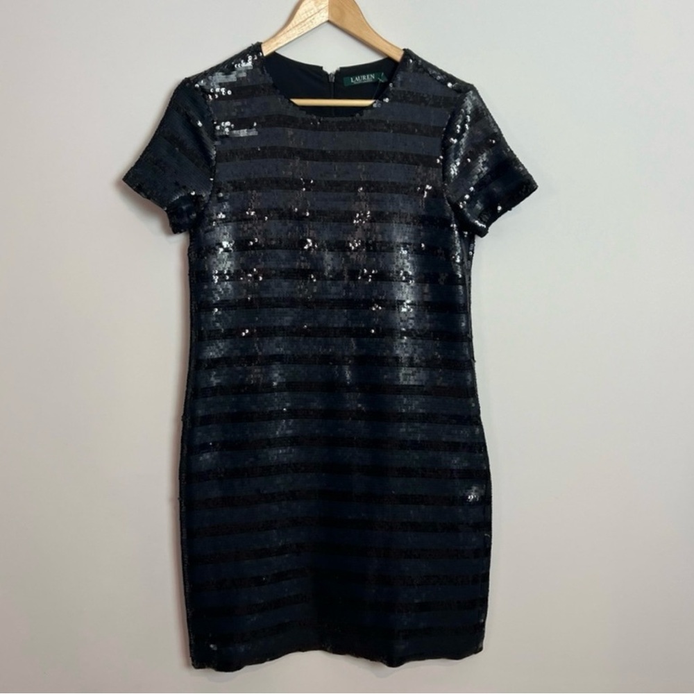 Ralph Lauren Stripe Short Sleeve Black Sequin Dress New Size 4 Formal New Years